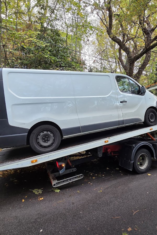 White panel van loaded on a Prompt Recovery DAF LF flatbed truck, parked on a tree-lined road in autumn