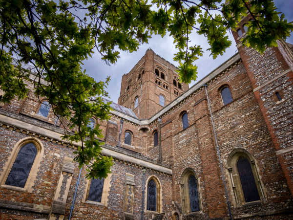 A view of St Albans Cathedral from the graveyard, looking up towards the sky, with tree branches coming into view
