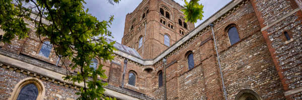 A view of St Albans Cathedral from the graveyard, looking up towards the sky, with tree branches coming into view